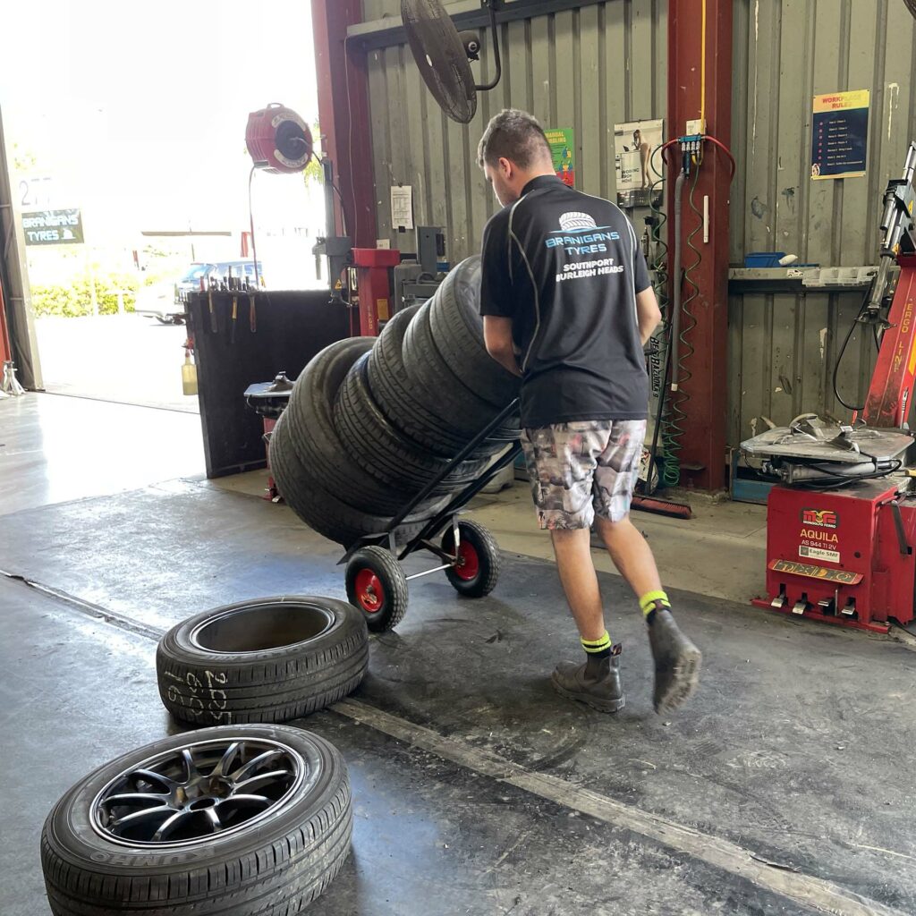 Moving tyres at the Branigans Southport branch in the Gold Coast.